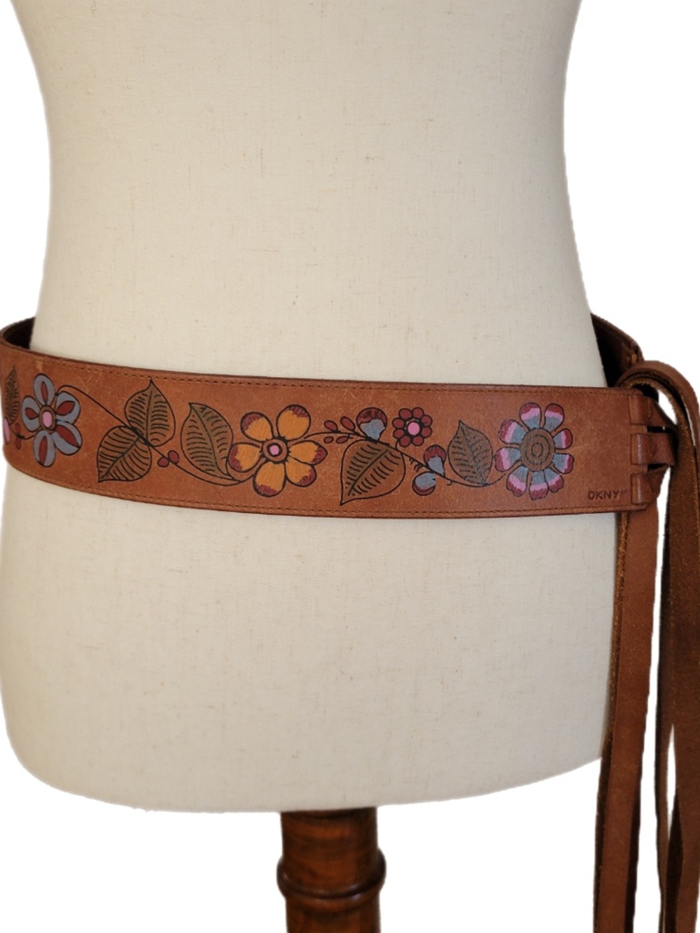 Vintage DKNY Leather Wrap Belt: Hand-Painted Floral, Fringe, Y2K Boho Western